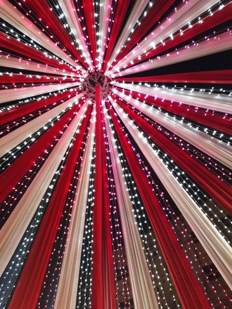 Circus Stage, Outdoor Wedding Lighting, Simple Stage Decorations, Light Art Installation, Red Wedding Theme, Diwali Decorations At Home, Carnival Wedding, Wedding Entrance Decor, Carnival Themed Party