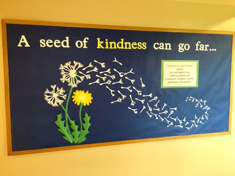 A Seed Of Kindness Bulletin Board, Kindness Bulletin Board High School, Seeds Of Kindness Bulletin Board, Grow Kindness Bulletin Board, April May Bulletin Boards, Bulletin Boards About Kindness, Kindness Theme Bulletin Boards, Cute Bulliten Board Ideas Schools, Spring Catholic Bulletin Boards