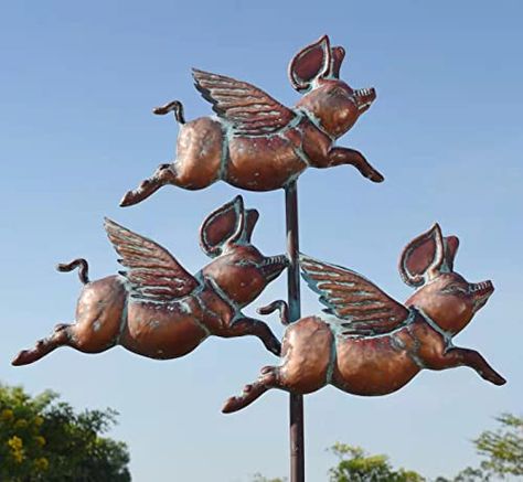 Metal Flying Pigs Spinner Bronze Finish Kinetic Wind Sculpture, Pets and Farm Animals Sculptures & Statues Decoration for Yard, Patio, Lawn CLYB Outdoor Decorative Stake 90" x 32" Kinetic Wind Sculpture, Pig Sculpture, Flying Pigs, Cottage Farm, Wind Sculptures, Flying Pig, Outdoor Statues, Family Outdoor, Garden Stakes