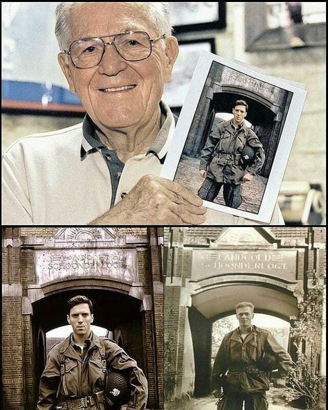 Richard D. Winters holding in his hand the photo of Damian Lewis the actor from the ''Band of Brothers'' series. On the real photo Richard D. Winters was there preparing for a daring rescuemission of British Para's stuck on the Rhinebank near Arnhem (during Operation ''Market Garden'') .The mission was succesfully executed on the night of 23/24 october 1944. - ➖  FOLLOW MY FRIEND :  @ww2_aircraft ➖ #ww2soldier #americanww2 #allies #photooftheday #worldwar2incolor #worldwar2historyandinstagram  # Richard Winters, Easy Company, Damian Lewis, 101st Airborne Division, Best Tv Series Ever, Harbin, Band Of Brothers, Military Heroes, Real Hero