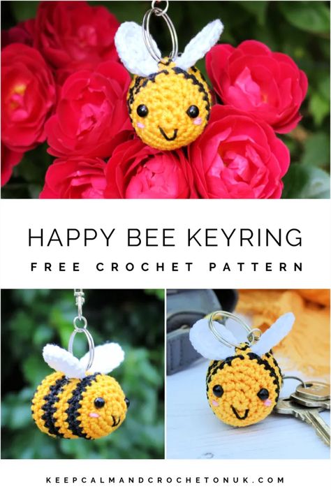 Free Pattern | Happy Bee Keyring | Keep Calm and Crochet On U.K Crochet Bee Keyring, Crocheted Keychain Patterns, Small Crochet Gifts Free Pattern, Crochet Keyring Free Pattern, Crochet Keyring, Crochet Critters, Crochet Stuffies, Keychain Patterns, Amigurumi Keychain