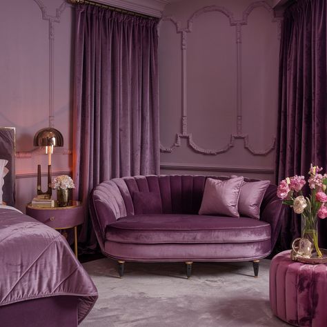 Step into a world of romance and sophistication with this luxurious bedroom, where rich dirty violet hues create an inviting atmosphere. Plush velvet furnishings exude opulence, while a chic, clean sofa in the corner beckons for cozy cuddles on chilly autumn evenings. Soft textures and a timeless design make this space the perfect retreat for intimate moments or relaxing with a good book. Elevate your home with this dreamy vibe that whispers elegance and warmth! 💜 #homedecor Lavender Couch, Cozy Cuddles, Moody Decor, Wardrobe Room, Clean Sofa, Luxurious Bedroom, Dressing Room Design, Interior Ideas, Soft Textures