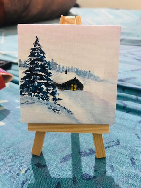 Small Canvas Winter Paintings, Mini Winter Paintings, Small Winter Paintings, Easy Snow Painting, Acrylic Snow Painting, Easy Acrylic Winter Paintings, Small Christmas Painting Ideas, Snow Painting Ideas, Painting Ideas On Canvas Winter