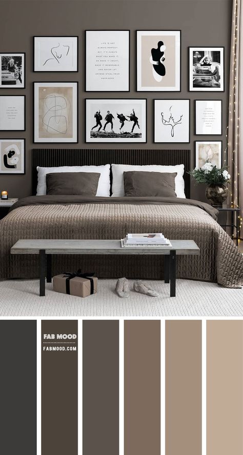 Grey and Muted Taupe Bedroom Colour Scheme with Festive Vibes Grey Brown Bedrooms, Grey Bedroom Colors, Taupe Bedroom, Beautiful Bedroom Colors, Minimalist Studio, Bedroom Colour, Taupe Walls, Bedroom Colour Palette, Beige Bedroom