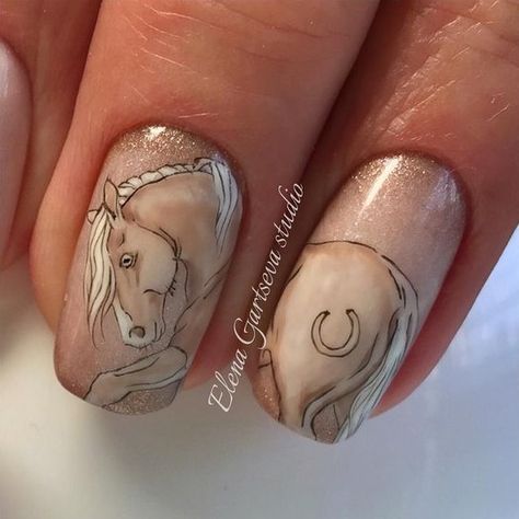 Horse Nail Art, Western Nail Art, Nails Drawing, Horseshoe Nail Art, Rodeo Nails, Horse Nails, Cowboy Nails, Western Nails, Country Nails