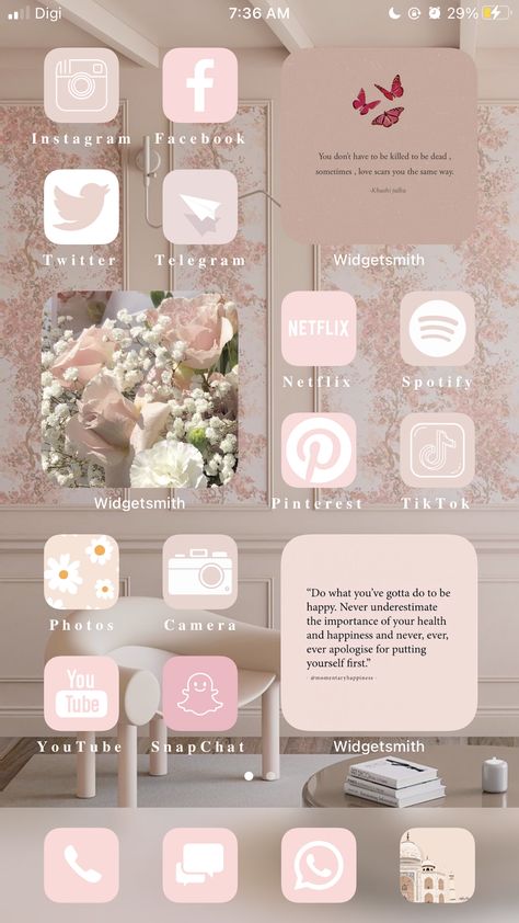 Pink Phone Screen Aesthetic, Pastel Phone Aesthetic, Pink Phone Widget Aesthetic, Home Screen Ideas Pink Aesthetic, Iphone Icons Organize, Pink Icon Wallpaper, Iphone Icons Organize Aesthetic, Ios 16 Home Screen Ideas Pink, Pink Iphone Theme