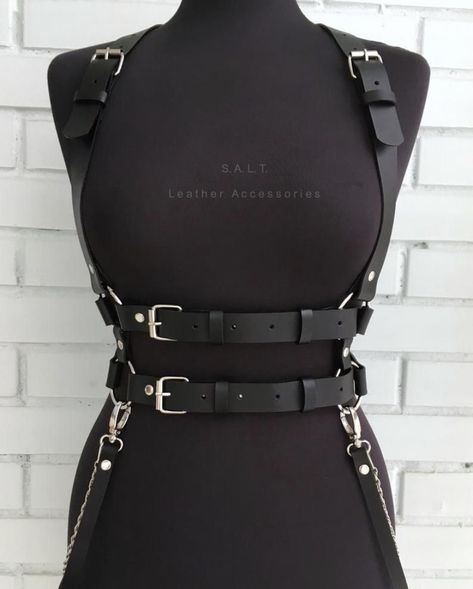 Leather Harness Women, Black Leather Harness, Harness Women, Womens Biker Boots, Strapy Heels, Double Belt, Sporty Dress, Metal Clothing, Patterned Tights