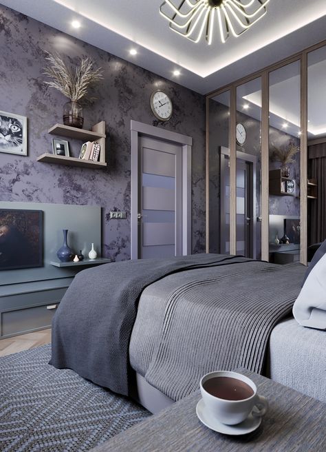 My visualization project: Modern Bedroom with Lilac walls Bedroom Lilac And Grey, Bedroom Ideas Purple Walls, Lilac Gray Bedroom, Lilac And Grey Bedroom Ideas, Daughter Room Design Modern, Purple Teenager Bedroom Ideas, Pastel Purple Bedroom Aesthetic, Gray And Lavender Bedroom, Lilac And Grey Bedroom