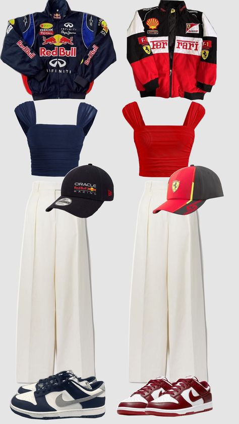 matching outfit #f1 #ferrari #redbull #checoperez #maxverstappen #carlossainz #charlesleclerc Monaco F1 Outfit, Raceway Outfit, Redbull Jacket Outfit, F1 Fashion Women, F1 Inspired Outfits, Redbull Outfits, Ferrari Outfit Women, Racing Outfit For Women, F1 Outfits Women