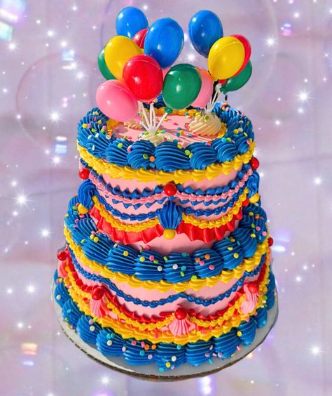 Clown Cakes Birthdays, Primary Color Cake, 90s Birthday Cake, Clown Birthday Cake, 1980s Cake, Cute Cake Decorating, Birthday Cake Balloons, Cake Decorating Birthday, Cake Bday