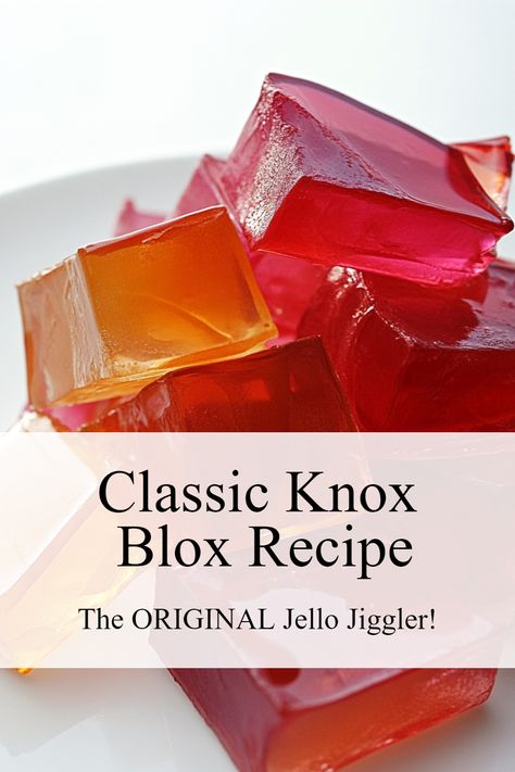 Colorful gelatin blocks on a plate with overlay text that reads "Classic Knox Blox Recipe" and "The Original Jello Jiggler," highlighting a fun Knox Blox Recipe for making Finger Jello and Jello Jigglers. How To Make Finger Jello, Jello Knox Blocks Recipe, How To Make Jello Jigglers, Jello Blocks Recipe, Jello Cubes How To Make, Jello Squares How To Make, Jello Jigglers Recipe With Knox Gelatin, Knox Blox Jello Squares, Finger Jello With Knox Gelatin