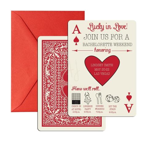 Casino Bridal Shower Invite By Invitation Only, Las Vegas Themed Bridal Shower Ideas, Casino Cards Design, Thank Card Design, Valentines Invitations, Creative Invitation Card, Unique Bridal Shower Games, Anniversary Theme, Card Aesthetic