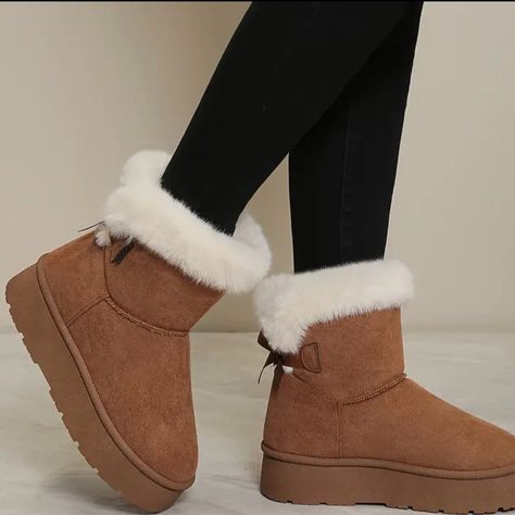 Women's Solid Color Fluffy Boots, Bowknot Decor Slip On Soft Sole Platform Warm Lined Boots, Plush Non-Slip Snow Boots Winter Boots Uggs, Cute Warm Boots Women, Winter Fluffy Boots, Cute Boots For Winter, Snow Boots Aesthetic, Cute Winter Boots For Women, Winter Boots Aesthetic, Fluffy Winter Boots, Shoes For Snow