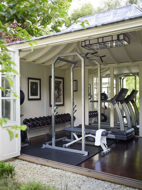 Small Space Home Gym, Gym Shed, Forest Creek, Backyard Gym, Dream Home Gym, Home Gym Garage, Gym Room At Home, Gym At Home, Home Gym Decor