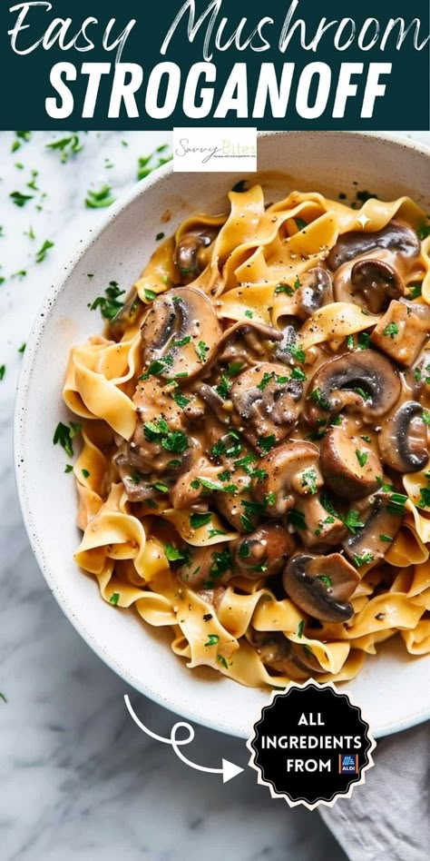 Try this Mushroom Stroganoff for a delicious one-pot vegetarian dinner. The creamy, tangy stroganoff sauce makes it a healthy comfort food and an easy family dinner idea. Mushroom Dinner Recipes Vegetarian, Vegan Beef Stroganoff, Cold Weather Dinner Ideas Healthy, Cold Weather Dinner Ideas Easy, Cheap Aldi Meals, Easy At Home Meals, Mushroom Dinner Ideas, Meals With Mushrooms, Tofu Stroganoff