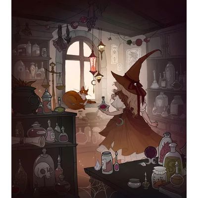 Apothecary Witch by Iren Horrors Witchy Anime Aesthetic, Witch Aesthetic Cartoon, Cartoon Witch Aesthetic, Witch Shop Art, Witch Shop Illustration, Witch Aesthetic Illustration, Magepunk Aesthetic, Witch Room Drawing, Anime Witch Aesthetic