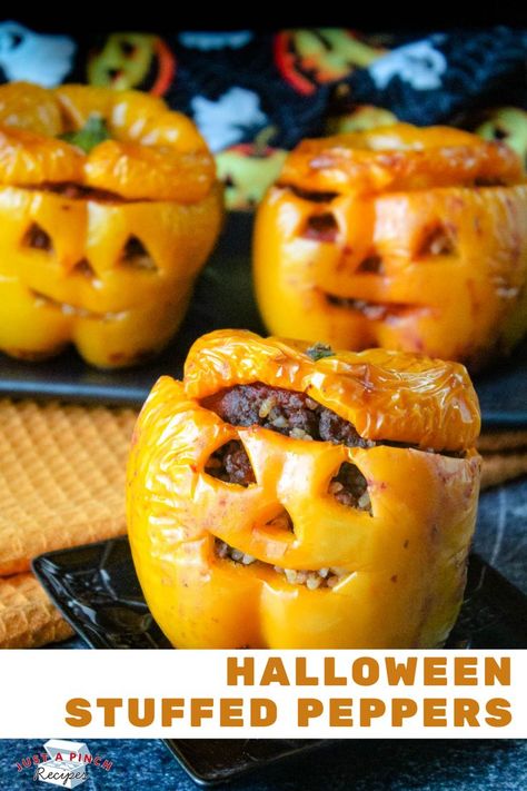 Jack-O'-Lantern Stuffed Peppers Recipe Halloween Stuffed Peppers, Pumpkin Carving Tools, Stuffed Peppers Recipe, Orange Peppers, Dinner Themes, Fall Dinner, Pepper Jack, Cheese Lover, Peppers Recipes