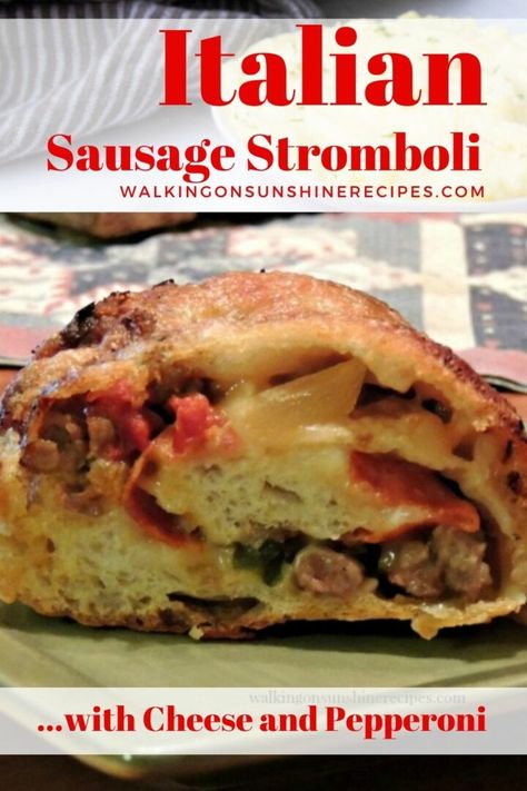 Sausage and Pepperoni Stromboli Roll is filled with browned sausage, peppers, onions, pepperoni and plenty of mozzarella cheese. Stromboli Roll, Dinner Guests Recipes, Pepperoni Stromboli, Pepperoni Rolls Recipe, Sausage Peppers Onions, Stromboli Recipe Easy, Homemade Stromboli, Flatbread Pizza Recipes, Pizza Dough Recipes