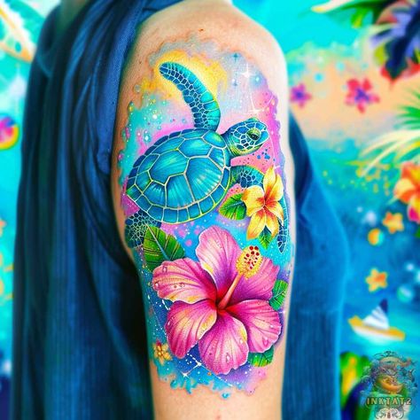 Purple Hibiscus Flower Tattoo, Turtle Cover Up Tattoo, Sea Turtle Cover Up Tattoo, Polynesian Flower Tattoo Designs, Sea Turtle Hibiscus Tattoo, Hibiscus Tattoo Color, Colorful Tattoos For Black Women, Sea Turtle Watercolor Tattoo, Hawaii Inspired Tattoos