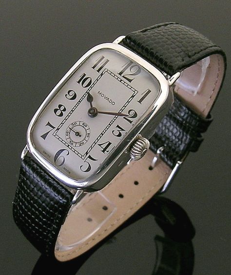 1917 silver rectangular vintage Movado watch - Olde Timers Movado Watch, Swiss Army Watches, Watches Luxury, Vintage Omega, Cartier Tank, Vintage Watches For Men, Women Watches, Luxury Sunglasses, Men's Watches