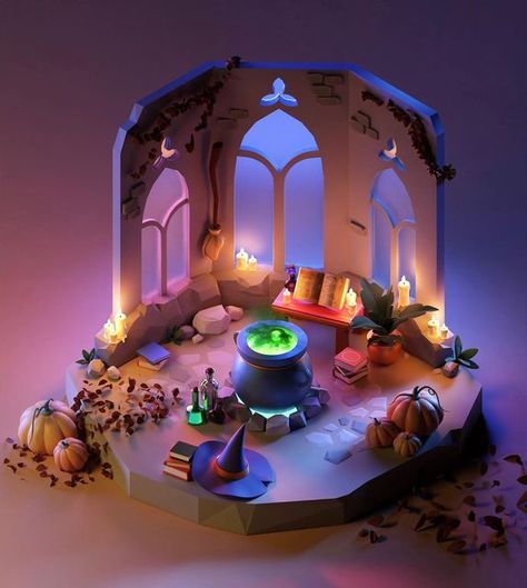 Mariam on Instagram: "Witch’s Lair 🔮 Another scene for #spooktober #blender3d #blendercommunity #blenderart #blendercycles #3d #3dart #renderart #diorama #isometric #isometricart #spookyseason #witch #cauldron #lowpoly #lowpolyart #lowpoly3d #lowpolygon #lowpolygang @lowpolygang @lowpolyhub @blender.cgarts" 3ds Max Design, Isometric Room, Witch Hut, Halloween Diorama, 3d Cinema, Witch Room, Witch Cauldron, Halloween 3d, Props Art