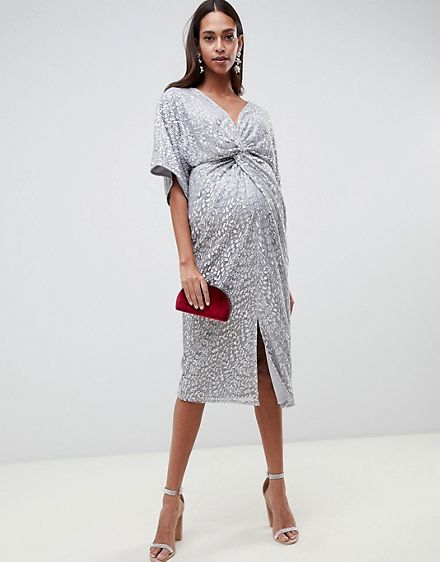 Little Mistress Maternity all over sequin knot front midi dress in silver Maternity Party Outfit, Sequin Maternity Dress, Cocktail Dress Maternity, Maternity Evening Dress, Dresses For Pregnant Women, Preggo Fashion, Maternity Chic, Patagonia Pullover, Maternity Midi Dress