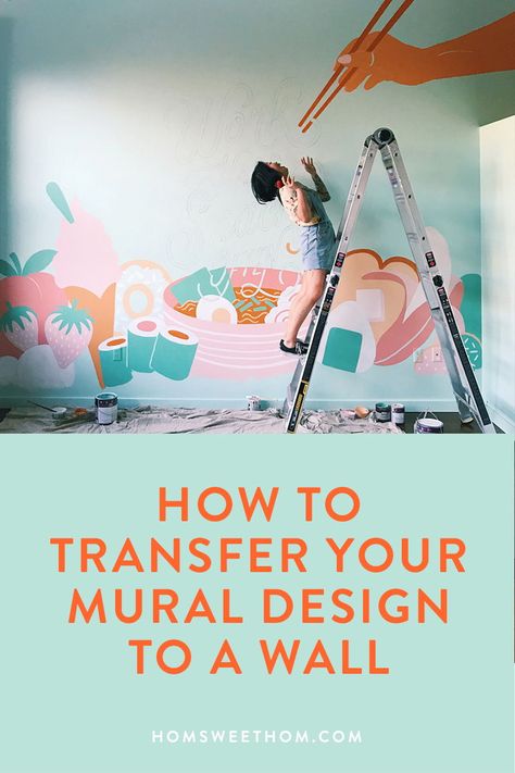 Graphic Mural Wall, Small Mural Painting, How To Draw A Mural On A Wall, Kitchen Mural Ideas Paintings, Positive Mural Art, Diy Painted Mural Ideas, Floor Murals Painted, Murals In Homes, Art Studio Mural Ideas