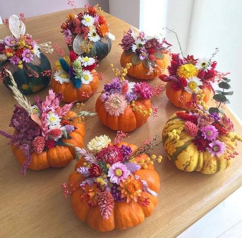 Flower Pumpkins, Pumpkins With Flowers, Pumpkins Decorated, Deco Spa, Pumpkin Arrangements, Emma Lou, Fall Flower Arrangements, Beautiful Pumpkins, Pumpkin Flower