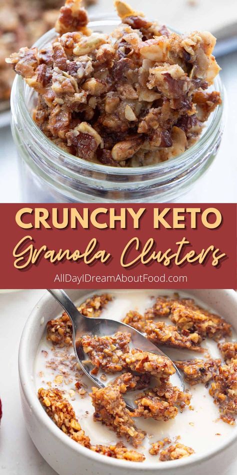 This keto granola has all the crunchy clusters you crave, with none of the grains or sugar. It makes a healthy low carb breakfast or an easy on-the-go snack. Sweet and crispy! Keto Granola Clusters, Homemade Keto Cereal, 0 Carb Breakfast, Keto Breakfast Bars Low Carb, Keto Flaxseed Recipes, Keto Easy Snacks, Keto Grains, Carb Free Foods, Sweet Keto Breakfast