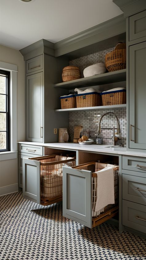 19 Laundry Room Cabinet Ideas for Stylish Organizing Laundry Basket In Laundry Room, Laundry Sorter Cabinet, Utility Room Before And After, Laundry Room Hamper Drawers, Laundry Room With Under Cabinet Basket, Laundry Sorting Cabinet, Laundry Basket Storage In Laundry Room, Laundry Room Wrapping Station, Basement Laundry Storage Ideas