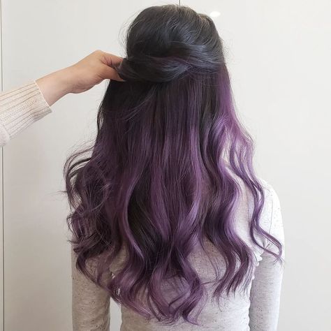 Lavender Hair Dye Underneath, Dyed Hair For Straight Hair, Underside Purple Hair, Dyed Hair Ideas For Dark Brown Hair, Dark Hair With Purple Balayage, Straight Hair Purple Highlights, Peek A Boo Purple Highlights, Lavender Hair Highlights Brown, Cat Rambut Peek A Boo