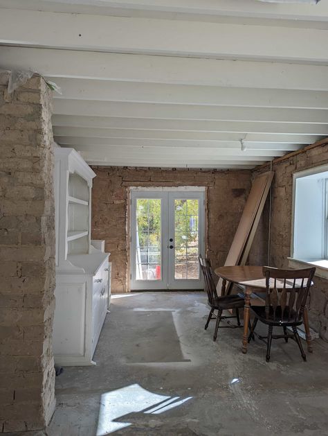 Our exposed beam ceiling in our pioneer home painted white — Em Hales Home Exposed Ceiling Kitchen, White Basement Ceiling Exposed Beams, White Painted Beams, White Painted Wood Ceiling Exposed Beams, Floor Joist Ceiling Exposed Beams, White Washed Wood Ceiling, Wood Beam Low Ceiling, Exposed Glulam Beams, Painted Ceiling Beams