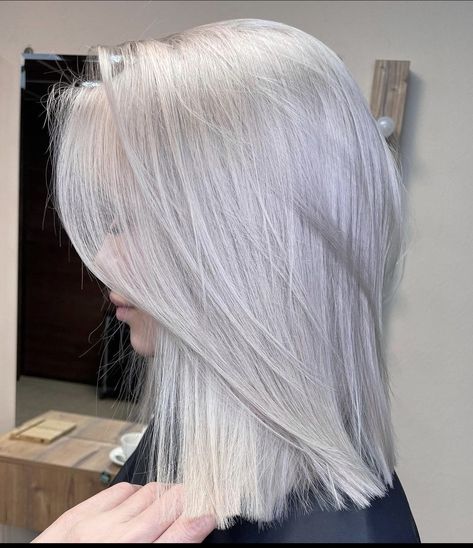 White Silver Blonde Hair, Hair Color Platinum Silver, Silver Medium Hair, Ice Blonde Hair Short, Ice Color Hair, Silvery White Hair, Platinum Gray Hair Silver White Blonde, Bad Blonde Hair Dye Job, Platinum Blonde Hair Grey