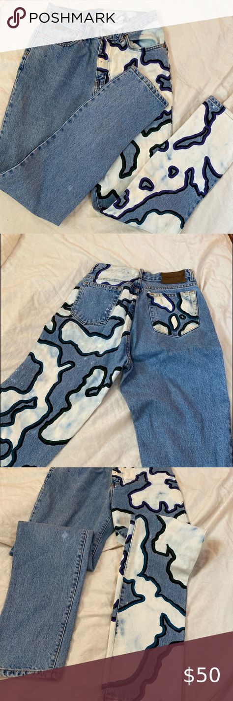 Hand Painted/ Bleached Vintage Calvin Klein Denim Hand Painted Denim Pants, Jeans Bleach Ideas, Hand Painted Jeans Pants, Hand Painted Pants Ideas, Jean Bleach Designs, Bleaching Pants, Bleach Jeans Diy Denim, Bleached Pants Design, Bleached Jeans Design