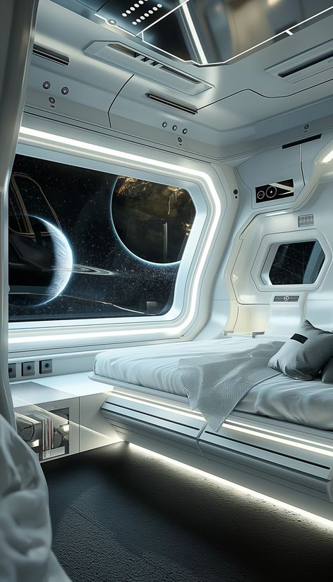 A sleek and clean futuristic sci-fi fi spaceship bedroom cabin, white and chrome, large bay window to the infinite galactic space, planets and stars --v 6 Spaceship Interior Bedrooms, Spaceship Bedroom, Sci Fi Interior Design, Sci Fi Bedroom, Spaceship Room, Spaceship Design Interior, Spaceship Aesthetic, Large Bay Window, Futuristic Room