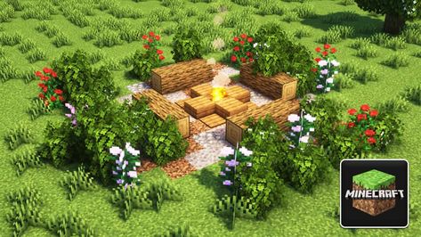 Minecraft Fire Pit Design, Minecraft Bonfire Pit, Aesthetic Minecraft Campsite, Campfire Minecraft Build, Minecraft Camping Spot, Minecraft Outdoor Fireplace, Bonfire Minecraft, Picnic Spot Minecraft, Camp Minecraft Ideas