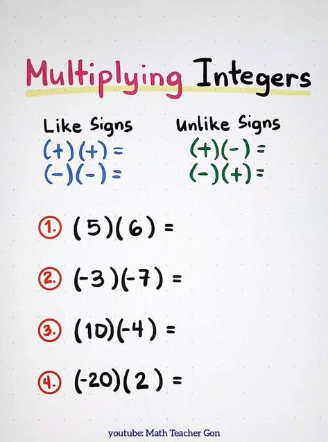 Integers 7th Grade Math, Multiplying Integers, Maths Notes, Dividing Integers, Math Integers, Math Charts, Learning Mathematics, Math Notes, Pre Algebra