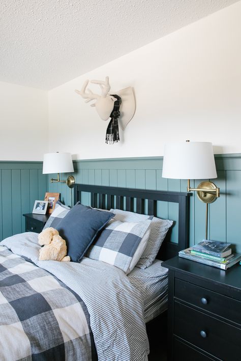 Modern Cottage Bedroom, Shiplap Bedroom, Room With Bunk Beds, Modern Cottage Style, Decorating 101, Build Inspiration, Bedroom Updates, Farmhouse Decorating, Green Paint Colors