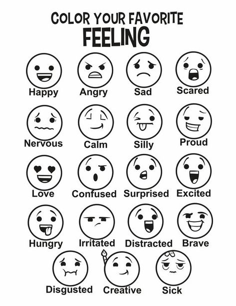 THIS IS AN INSTANT DOWNLOAD PRODUCT With over 100 words to express feelings - These products are designed to illustrate just a few feeling words that many kiddos may be able to identify while reinforcing emotional intelligence in a fun way!  OTHER WAYS TO USE FEELINGS CHART:  This coloring page can be used one-on-one with students or as a whole group! Below are a few suggestions of just how to make this single sheet a full activity: 1.) Identifying Each Feeling (based on facial expression and un Feelings Lessons For Elementary, What Feelings Mean, Preschool Feelings Chart, Free Emotions Printables, Feeling Crafts, Color Your Feelings Activity, Feelings Coloring Pages For Kids, Feeling And Emotions Activities, Emotions Mind Map