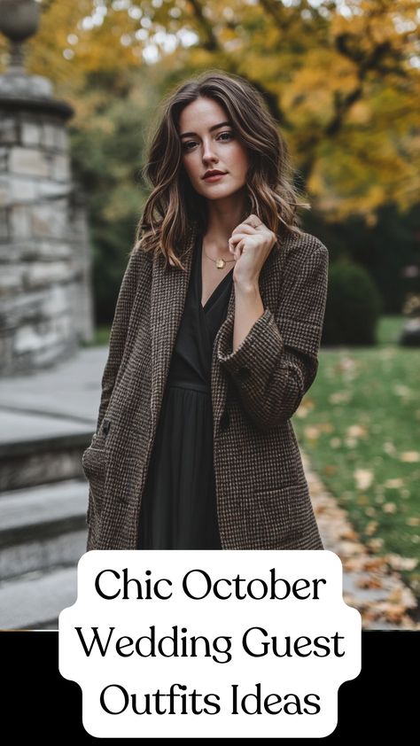 A woman in a chic fall wedding guest outfit, wearing a cozy jacket over a stylish dress, perfect for an October celebration. Napa Valley Wedding Guest Outfit, Outfits For A Wedding Guest Winter, Wide Leg Wedding Outfit, What To Wear To A Cold Wedding, Nov Wedding Guest Outfit, Wedding Guest Outfit Inspiration Fall, Dress To Wear To Fall Wedding, Fall Wedding Guest Skirt Outfit, Jacket For Wedding Guest Dress