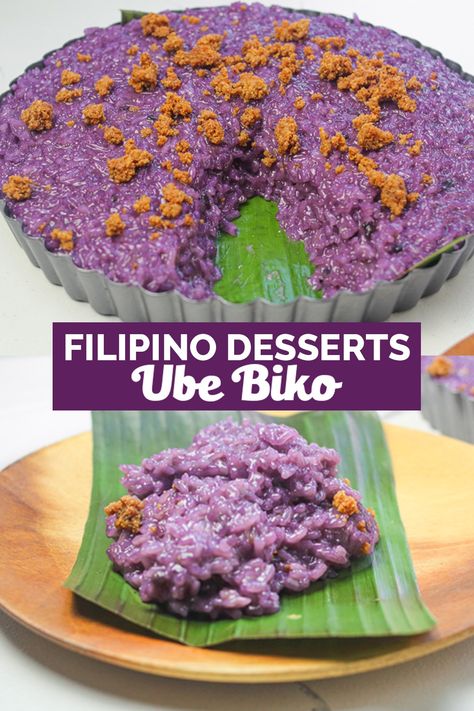 This quick and easy to make Ube Biko recipe is a Filipino sweet sticky rice cake mixed with purple yam jam and topped with latik. It's a delicious and sweet rice dessert that is perfect for any occasion! Filipino Sweet Rice Dessert, Filipino Rice Dessert, Ube Biko Filipino Recipe, Ube Sticky Rice Recipe, Ube Kalamay Recipe, Filipino Ube Dessert, Ube Biko Recipe, Ube Halaya Recipe Using Frozen Ube, Sweet Rice Recipe Filipino