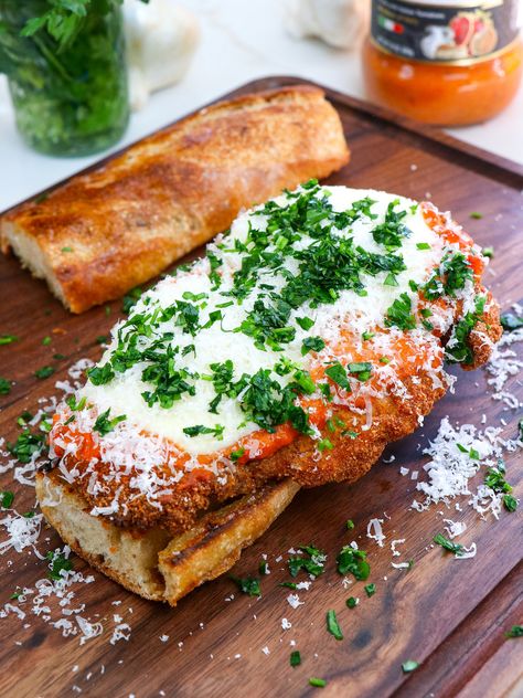 Vodka Sauce Chicken Parmesan Sandwich Chicken Parmesan Recipe Sandwich, Ciabatta Bread Dinner Ideas, Vodka Sauce Chicken Parm, Breaded Chicken Meal Ideas, Chicken Parmesan Sandwich Easy, Vodka Chicken Parm Sandwich, Chicken Parm Sandwiches, Chicken Cutlet Sandwich Recipes, Lunch Special Ideas Restaurant