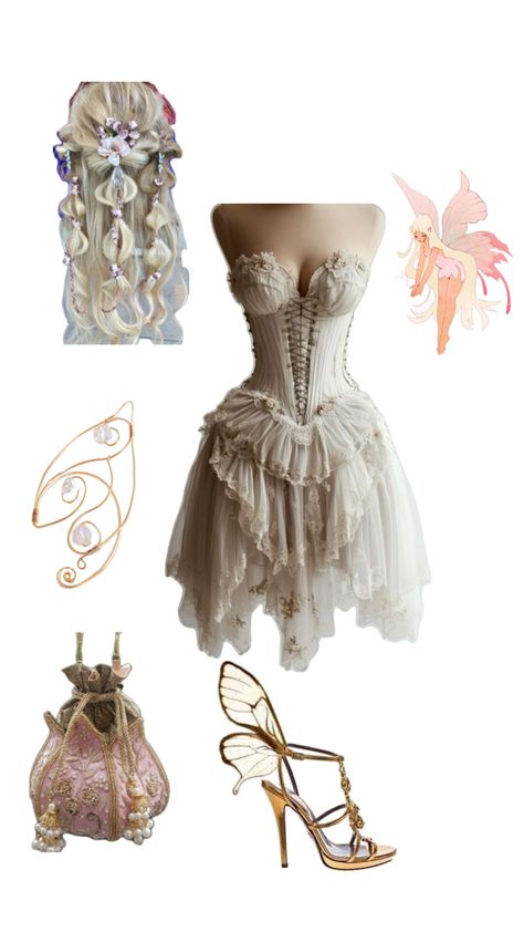 Fairy dress, fairy heels, fairy bag, boho dress, outfit inspo Moon Fairy Outfit, Fairy Costume Outfit, Fairy Halloween Costumes Aesthetic, Etheral Outfit Ideas, Garden Fairy Aesthetic Outfit, Modern Fairy Aesthetic Clothes, Modern Fairy Aesthetic, Forest Fairy Outfit, Fairy Outfit Aesthetic