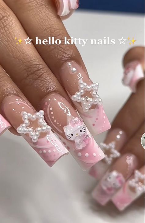 Pink Nails Sanrio, Short Pink Acrylic Nails Hello Kitty, Sanrio Nails With Charms, Medium Nails Acrylic Hello Kitty, Hello Kitty Aesthetic Nails, Nail Ideas Sanrio, Hello Kitty Valentines Day Nails, Sanrio Nail Ideas, My Melody Nails Short