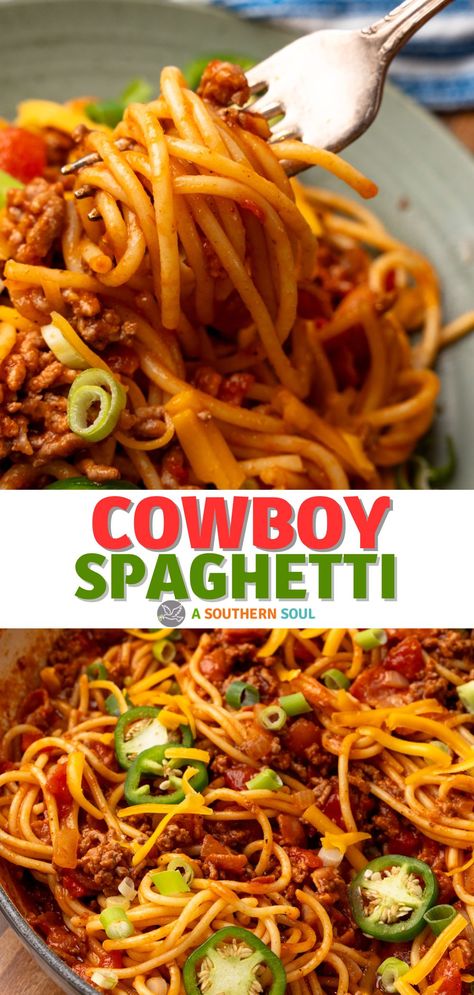 Cowboy Spaghetti is a fun and delicious recipe that combines two classic comfort foods: spaghetti with meat sauce and chili! It’s packed with crispy bacon and tossed in a southwestern-style sauce for an irresistible bite, that’s perfect for game day, casual entertaining with friends, or a family dinner. Recipe Using Spaghetti Sauce, Hamburger Chili, Cowboy Spaghetti, Cowboy Recipes, Cowboy Cooking, Spaghetti With Meat Sauce, Spaghetti With Meat, Pizza Spaghetti, Dinners For Two