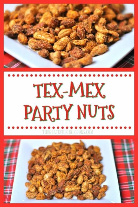 Tex Mex party nuts are slightly sweet and slightly spicy! These Southwest flavor-inspired roasted mixed nuts will be a big hit at your next party! / The Grateful Girl Cooks! Snack Nuts Recipes, Spicy Roasted Nuts Recipe, Snacks For Cookout, Flavored Peanuts Recipes, Spiced Peanuts Recipes, Seasoned Peanuts Recipes, Spicy Trail Mix Recipes, Peanut Recipes Snacks, Nut Mix Recipe