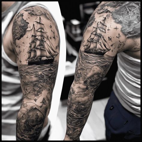 95 Ocean Tattoo Ideas Created with Ai | artAIstry Ocean Men Tattoo, Tattoo Themes Men, Ocean Tattoo Men, Ocean Sleeve Tattoos For Guys, Ocean Forearm Tattoo, Waves Tattoo Sleeve, Sea Tattoo Men, Marine Tattoo For Men, Ocean Scene Tattoo