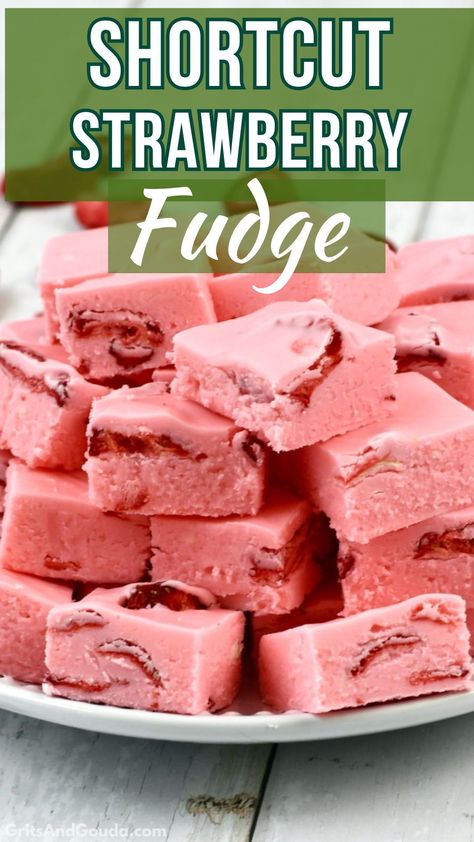 This easy Strawberry Fudge recipe has just 2 ingredients and 3 minutes prep time, thanks to a couple of shortcuts! No marshmallow fluff and no candy thermometer needed! The microwave and store-bought frosting makes this pretty pink fudge simple to make for parties and showers. Strawberry Fudge 2 Ingredient, Fudge With Marshmallow Fluff, Strawberry Cheesecake Fudge, Pink Fudge, Frosting Fudge, Strawberry Fudge Recipe, Marshmallow Fluff Fudge, Pink Microwave, Strawberry Fudge