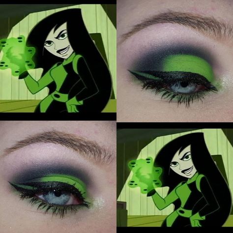 Shego Eye Makeup, Shego Cosplay Makeup, Shego Halloween Makeup, Black Shego Costume, Shego Costume Makeup, Shego Lipstick Look, Shego Hairstyle, Sheego Makeup, Shego Rave Outfit