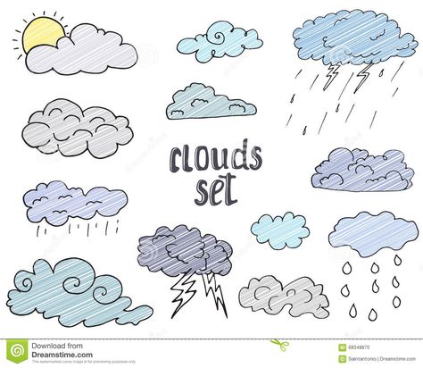 Sky Doodles, Clouds Doodle, Clouds Sketch, Umbrella Drawing, Learn To Sketch, Bond Paper Design, Doodle Icon, Cloud Drawing, Hand Drawn Vector